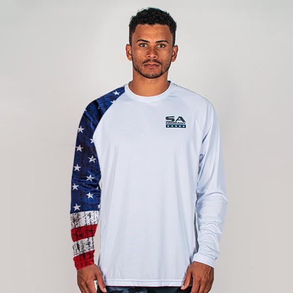 Performance Long Sleeve W/ Mesh | White | 1 Sleeve-American Flag