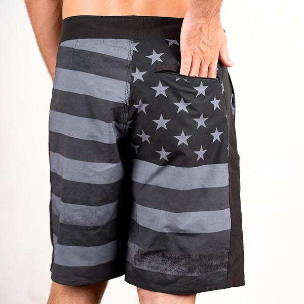 Board Shorts | Blackout American Flag | Silver SA Shield