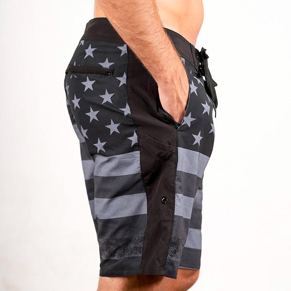 Board Shorts | Blackout American Flag | Silver SA Shield