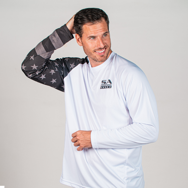 Performance Long Sleeve W/ Mesh | White | Blackout American Flag Sleeve