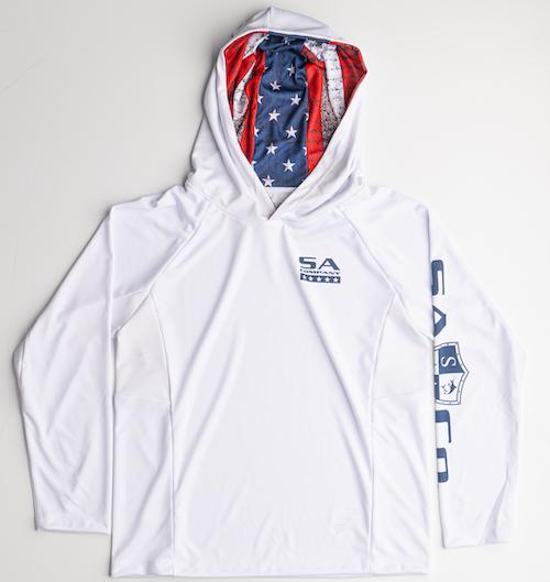 Kids Long Sleeve Hooded PERFormance Long Sleeve W/Mesh | White | Inner Hood-American Flag