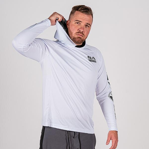 Long Sleeve Hooded PERFormance Long Sleeve W/Mesh | White | Inner Hood-B/O American Flag