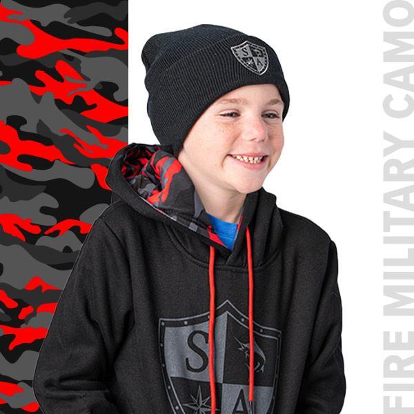 Kids Hoodie Inner Lined| Black | Fire Red Military Blackout Camo