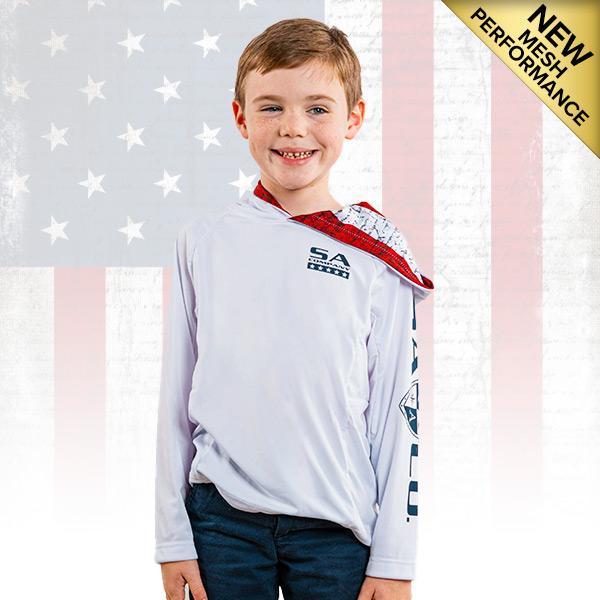 Kids Long Sleeve Hooded PERFormance Long Sleeve W/Mesh | White | Inner Hood-American Flag