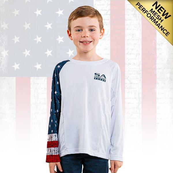 Kids Performance Long Sleeve W/ Mesh | White | 1 Sleeve-American Flag