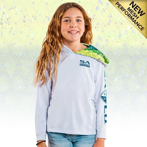 Kids Long Sleeve Hooded PERFormance Long Sleeve W/Mesh | White | Inner Hood-Mahi