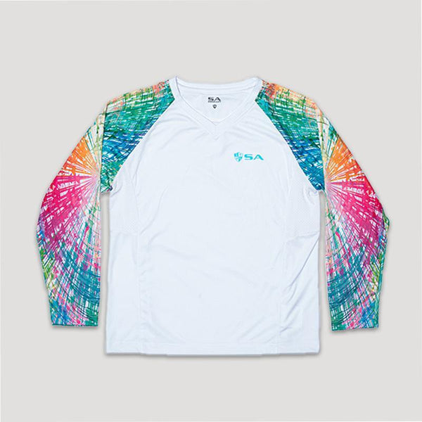 Girls Performance Long Sleeve W/ Mesh | White | Rainbow