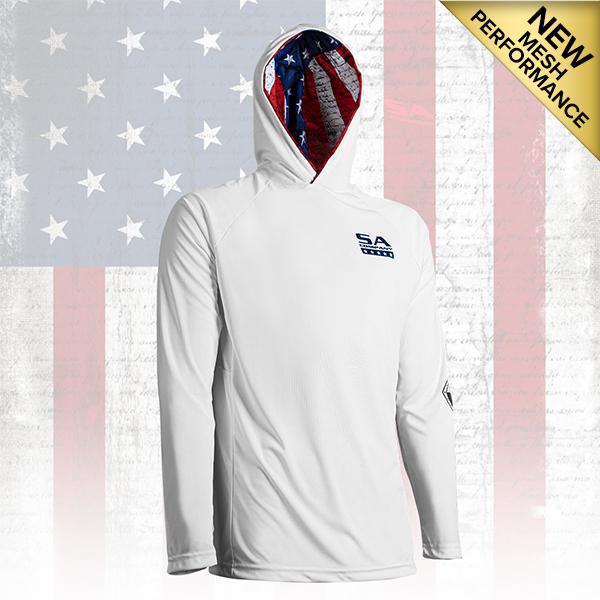 Long Sleeve Hooded PERFormance Long Sleeve W/Mesh | White | Inner Hood-American Flag