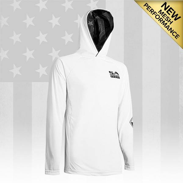 Long Sleeve Hooded PERFormance Long Sleeve W/Mesh | White | Inner Hood-B/O American Flag