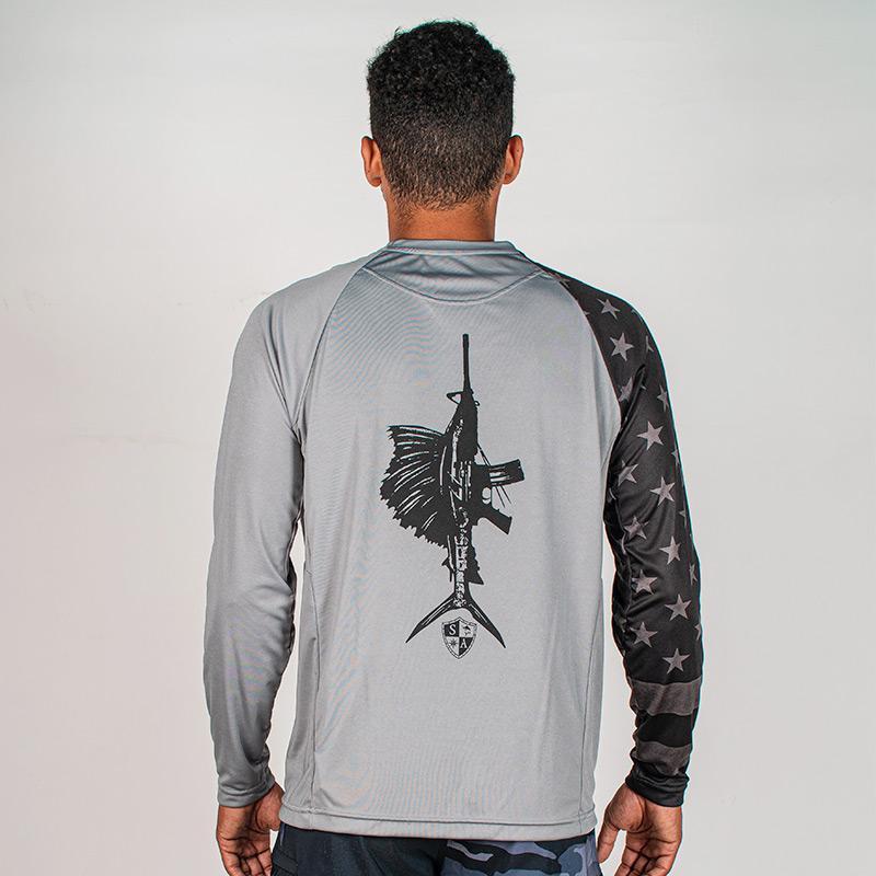 Performance Long Sleeve W/ Mesh | Grey | Blackout American Flag Game On