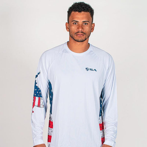 Performance Long Sleeve W/ Mesh | White | Sides-American Flag | Game On