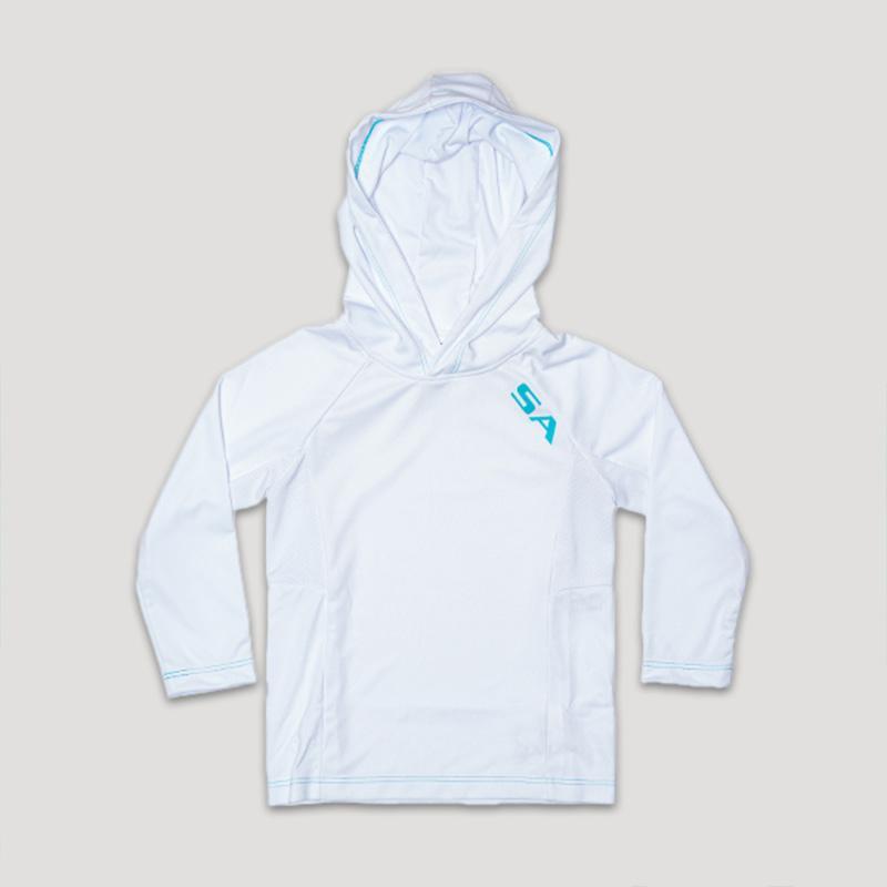 Kids Performance Hooded Long Sleeve W/ Mesh | White | 2-Logo