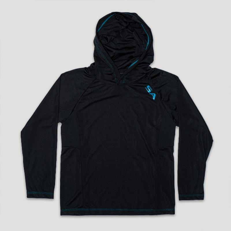 Kids Long Sleeve Hooded PERFormance Long Sleeve W/Mesh | Black | 2-Logo