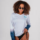 Womens Long Sleeve Performance Shirt W/Mesh | White | Blue Mermaid Scales
